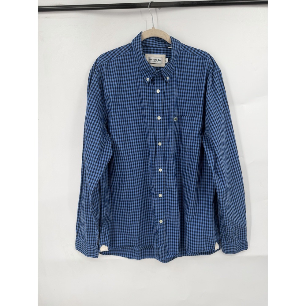 Lacoste Shirt Men XL Blue Black Gingham Check Long Sleeve Cotton Regular Fit Ivy